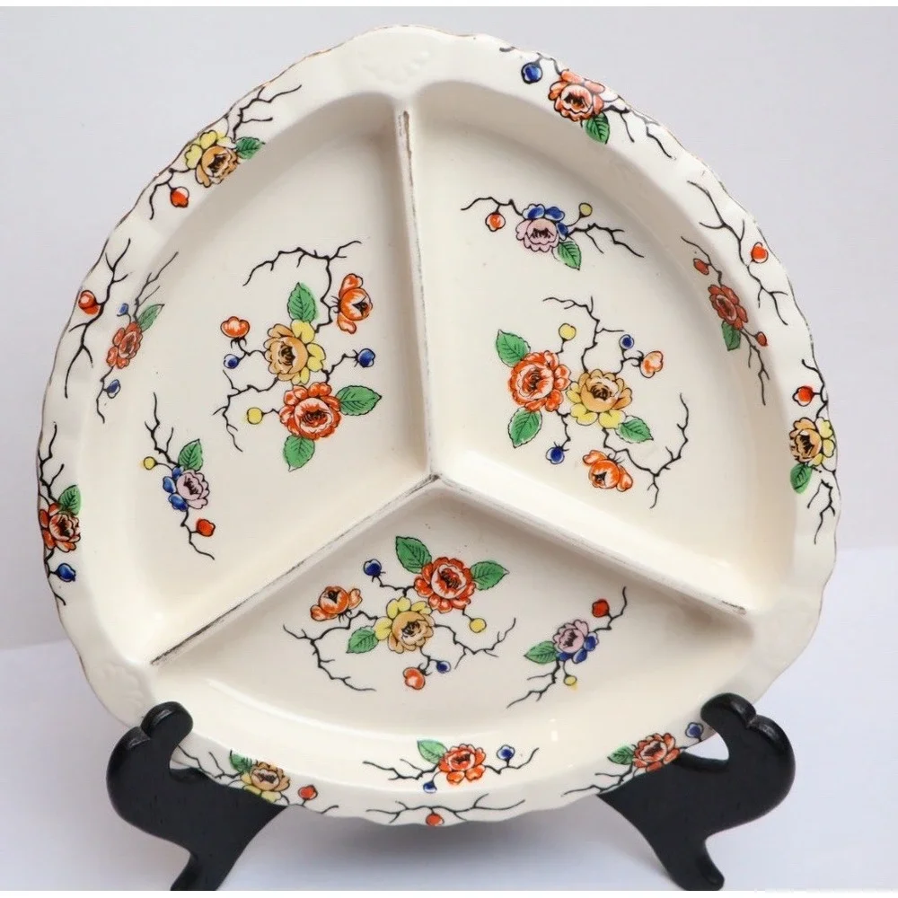 VTG Colorful Floral Divided Serving / Candy Dish Made in Japan